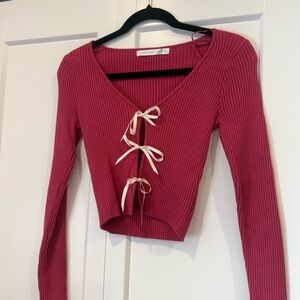 Altar'd State Rose-Magenta Ribbed Tie-Front Crop Top